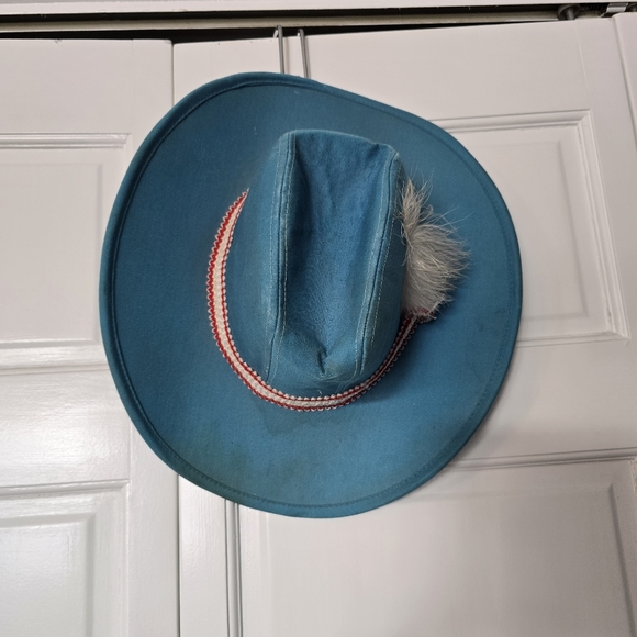 Vintage American Hat Blue Cowboy Hat With Feather - Picture 3 of 8